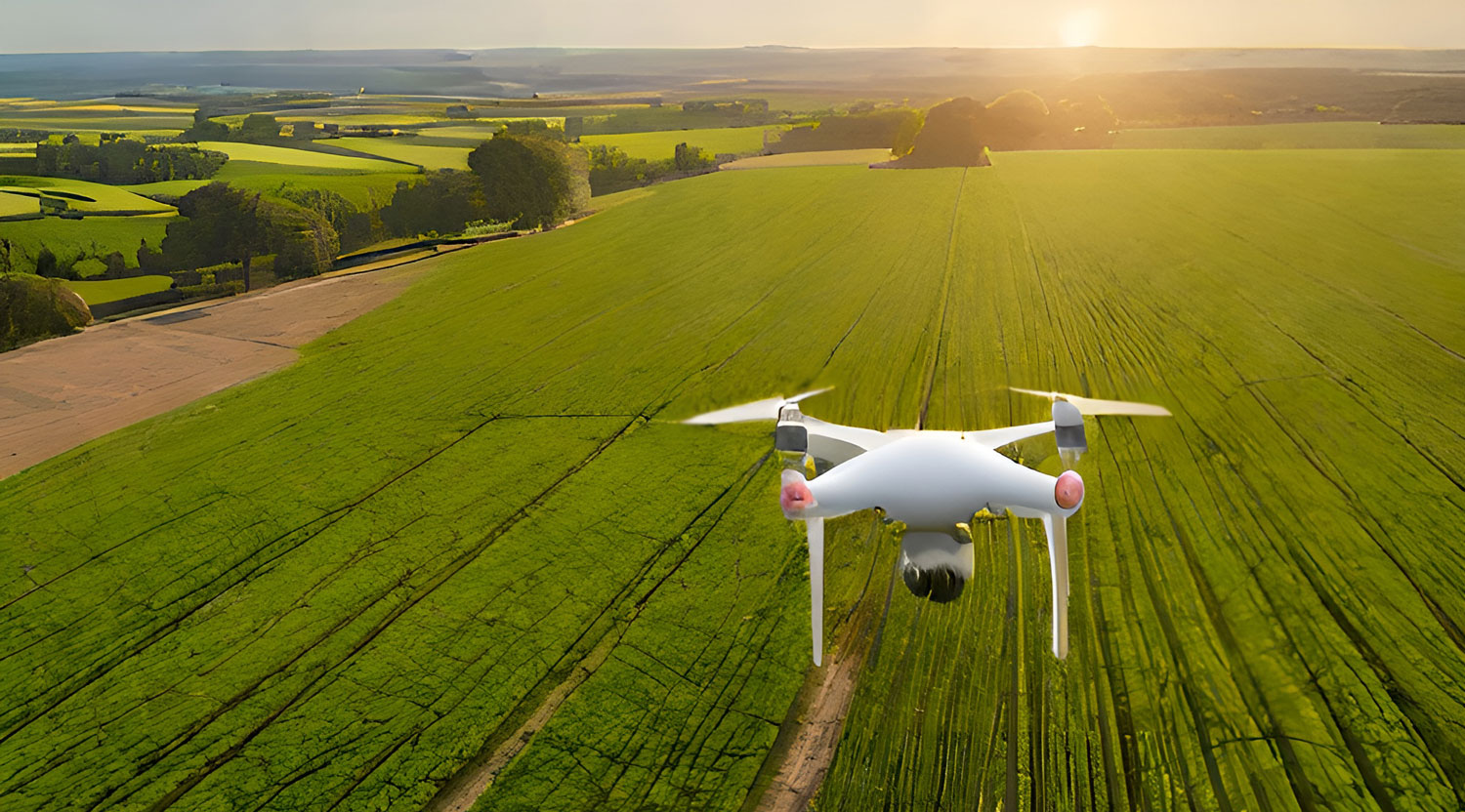 Imagen de un dron sobrevolando un campo de cultivo