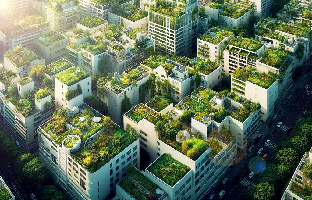 Imagen aérea de una gran ciudad con la mayoría de sus tejados con cubiertas vegetales