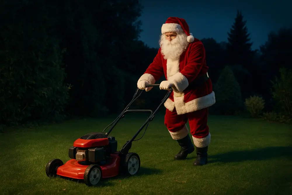 Imagen de Santa Claus cortando el césped de un jardín