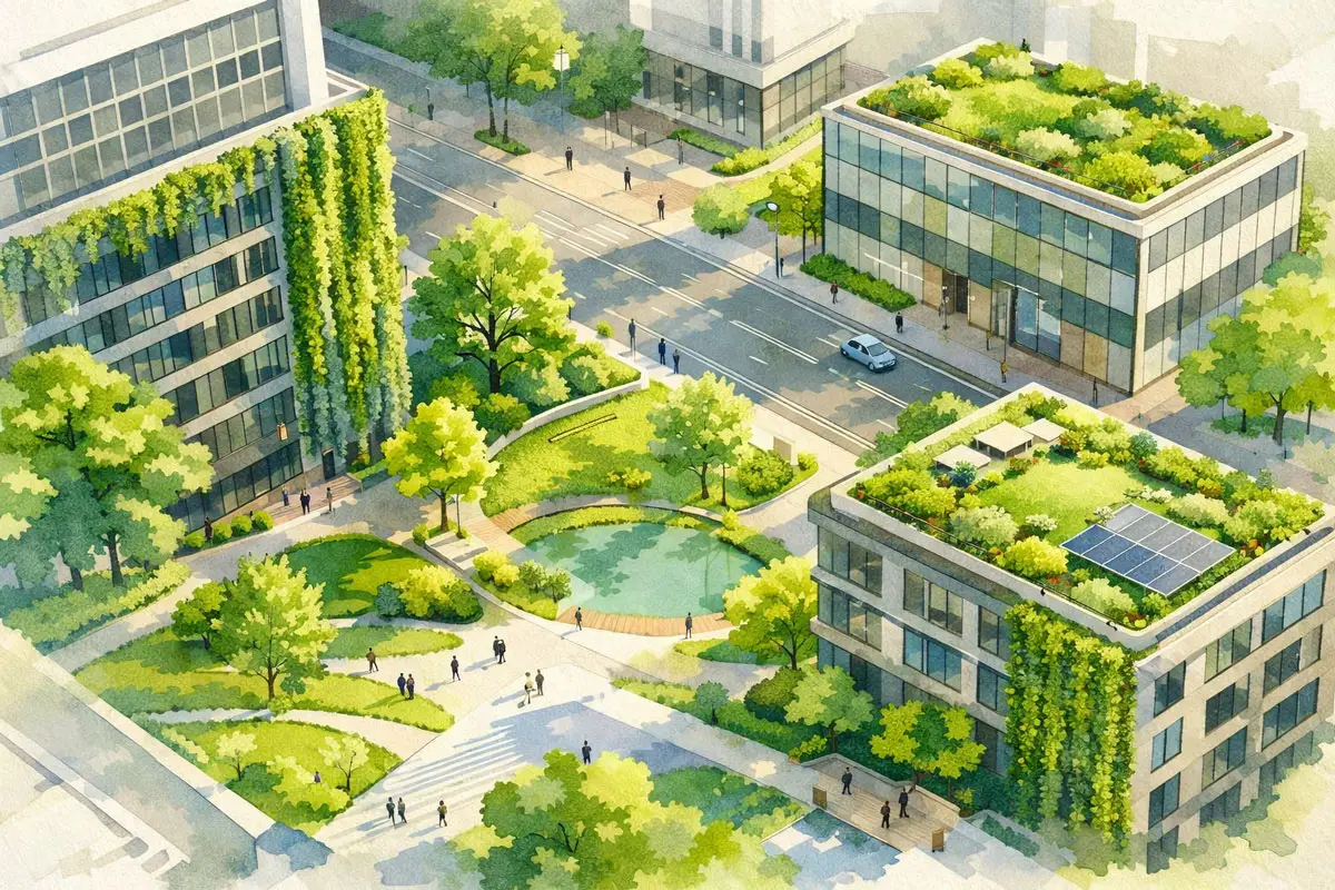 Ilustración de una ciudad con zonas verdes
