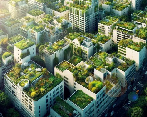 Imagen aérea de una gran ciudad con la mayoría de sus tejados con cubiertas vegetales
