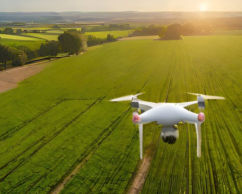 Imagen de un dron sobrevolando un campo de cultivo