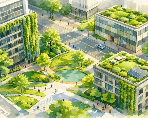 Ilustración de una ciudad con zonas verdes